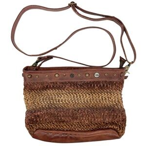 Amsterdam Heritage Brown Leather Woven Crossbody Shoulder Bag Southwestern
